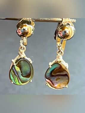 Teardrop Shaped Prong-Set Abalone & Signed NV 925 Silver Clip-On Earrings